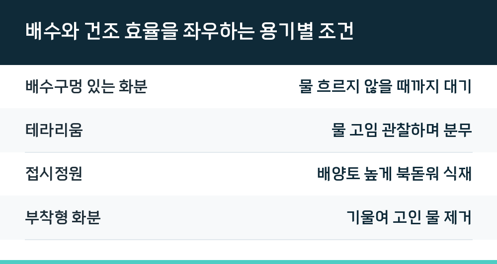 배수와 건조 효율을 좌우하는 용기별 조건