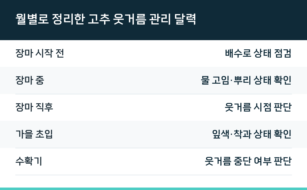 월별로 정리한 고추 웃거름 관리 달력