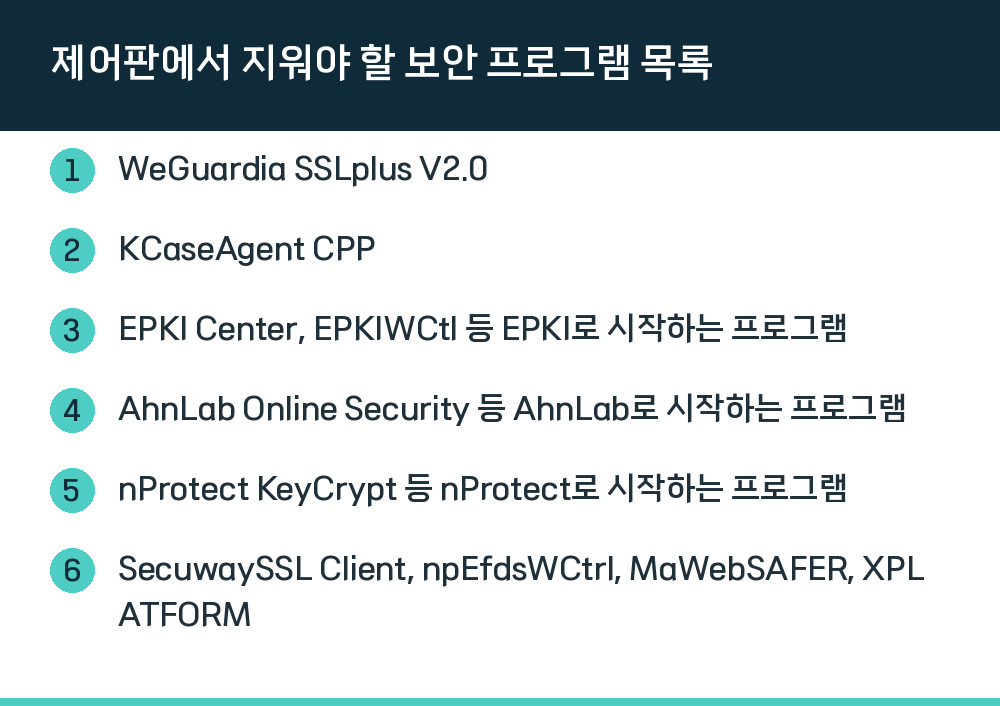 제어판에서 지워야 할 보안 프로그램 목록