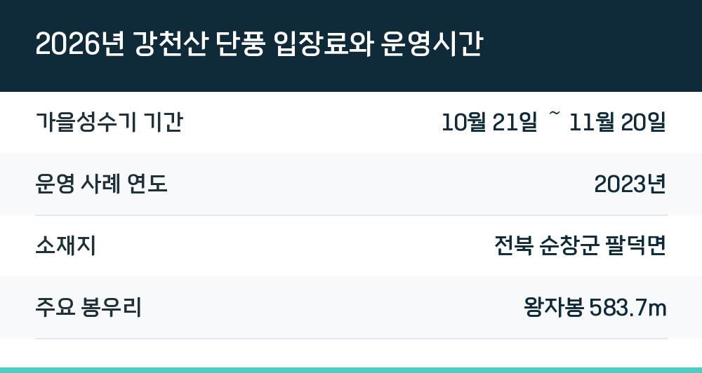 2026년 강천산 단풍 입장료와 운영시간