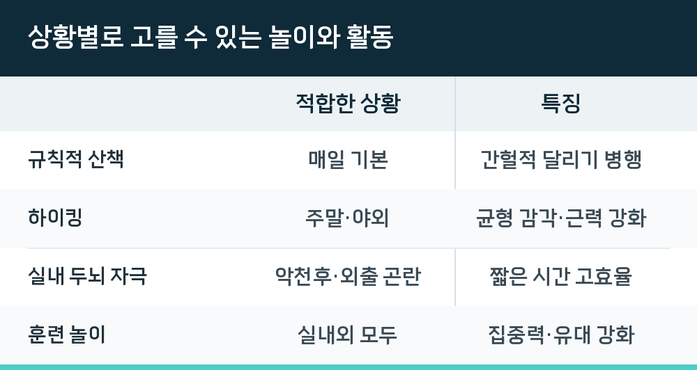 상황별로 고를 수 있는 놀이와 활동
