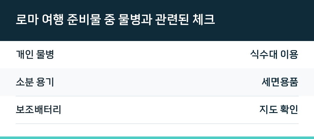 로마 여행 준비물 중 물병과 관련된 체크