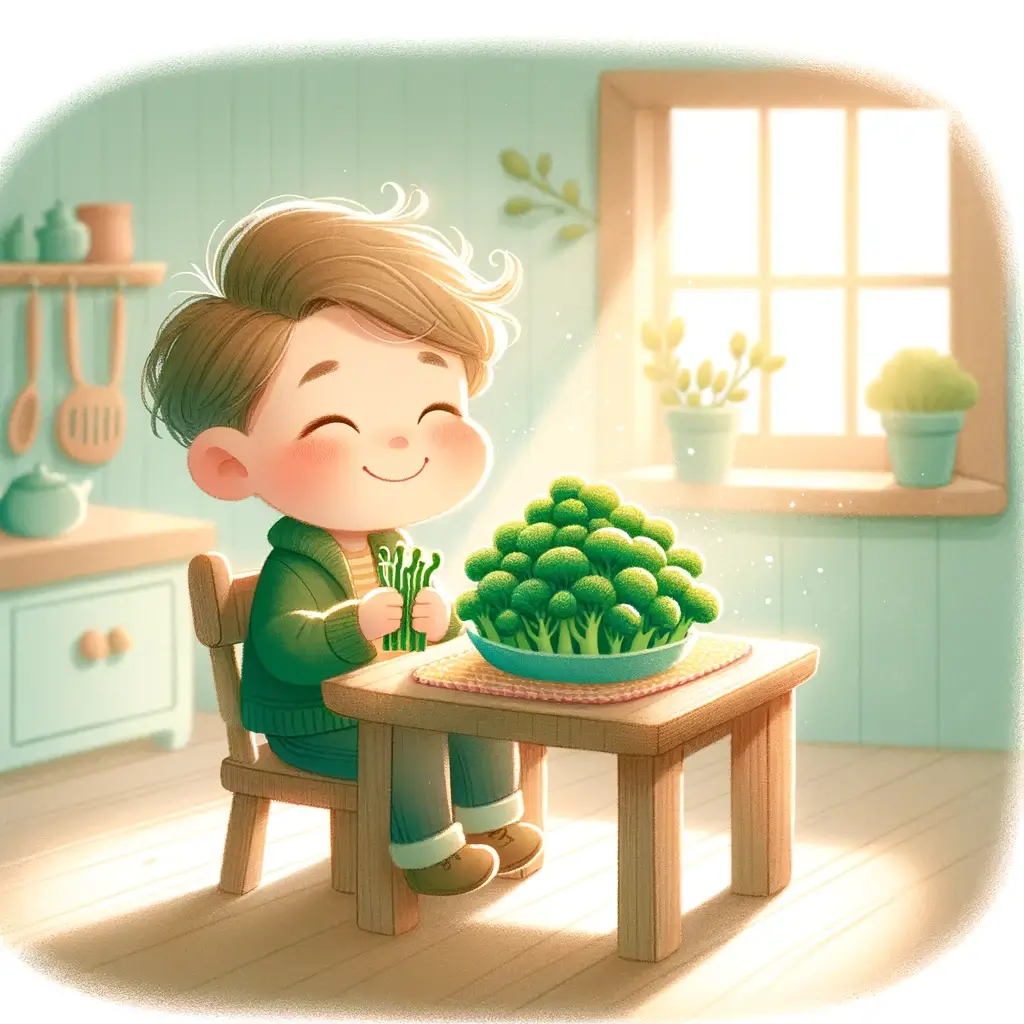 브로콜리 새싹을 먹고 있는 아이