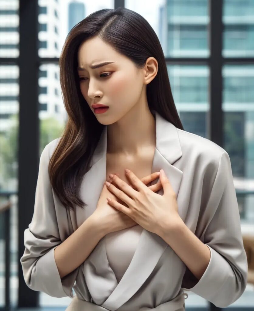 오른쪽 가슴 위 통증 원인을 아는 여성