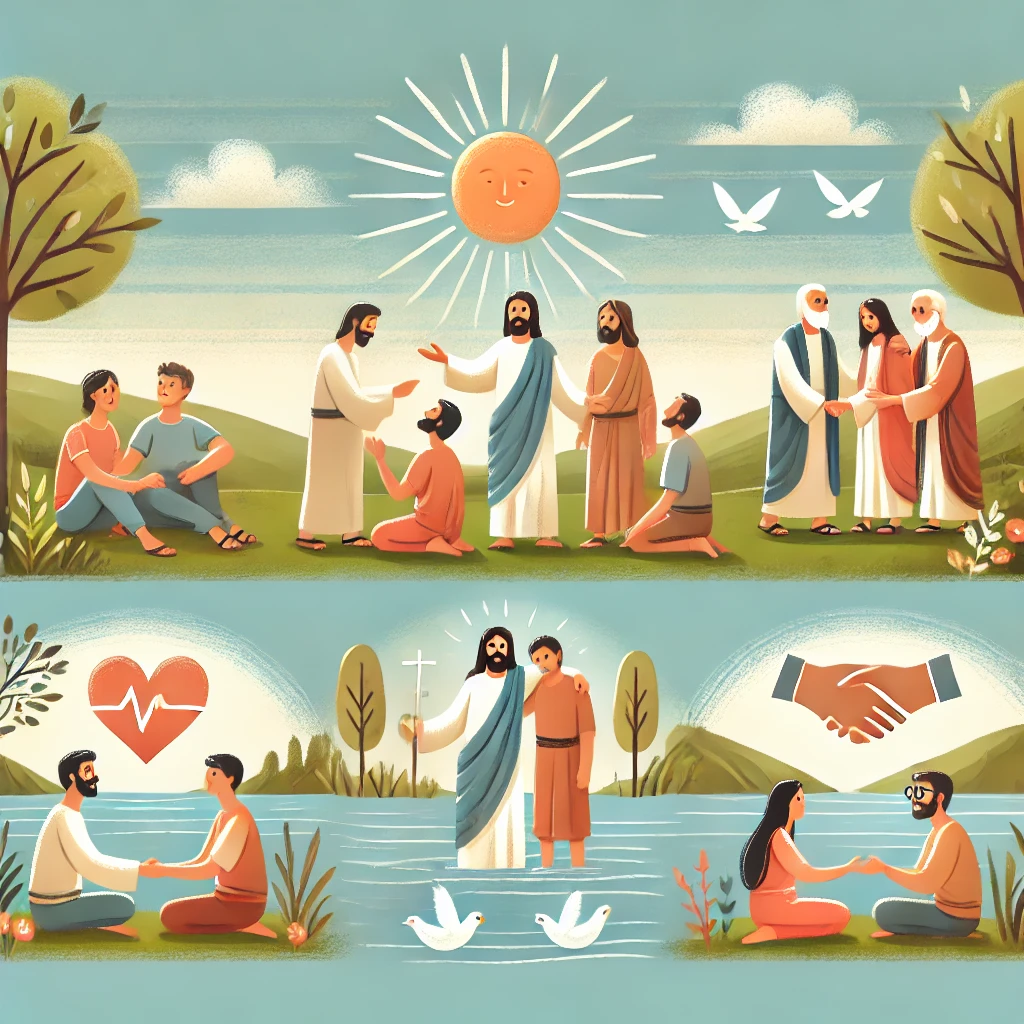 DALL·E 2024 07 12 11.00.03 A peaceful and heartwarming illustration depicting scenes from the Bible about human relationships. The scene includes Jesus teaching his disciples ab