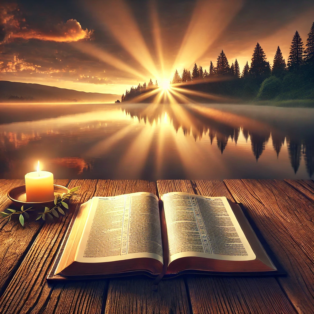 DALL·E 2024 07 22 08.58.31 A peaceful scene illustrating faith and comfort found in the Bible. Show an open Bible with highlighted verses and a serene background such as a sunri